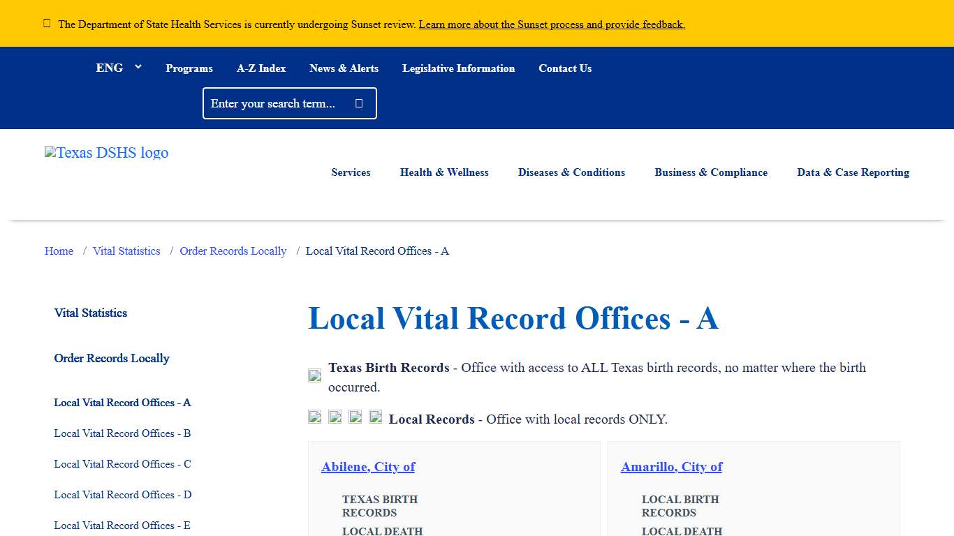 Local Vital Record Offices - A Texas DSHS